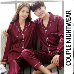 Maroon Silk Pjs Couple Sleepwear