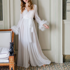 White long sleeves feather nightgown