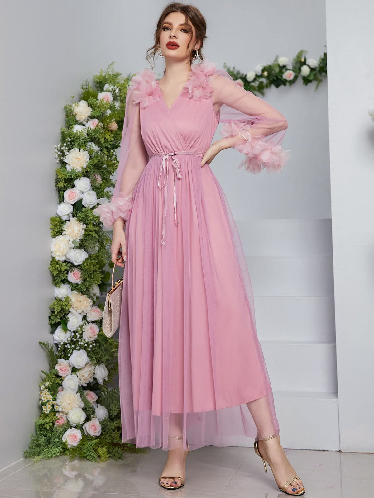 Pink Surplice Neck Stereo Flower Belted Mesh Prom Dress