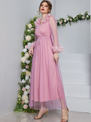 Pink Surplice Neck Stereo Flower Belted Mesh Prom Dress