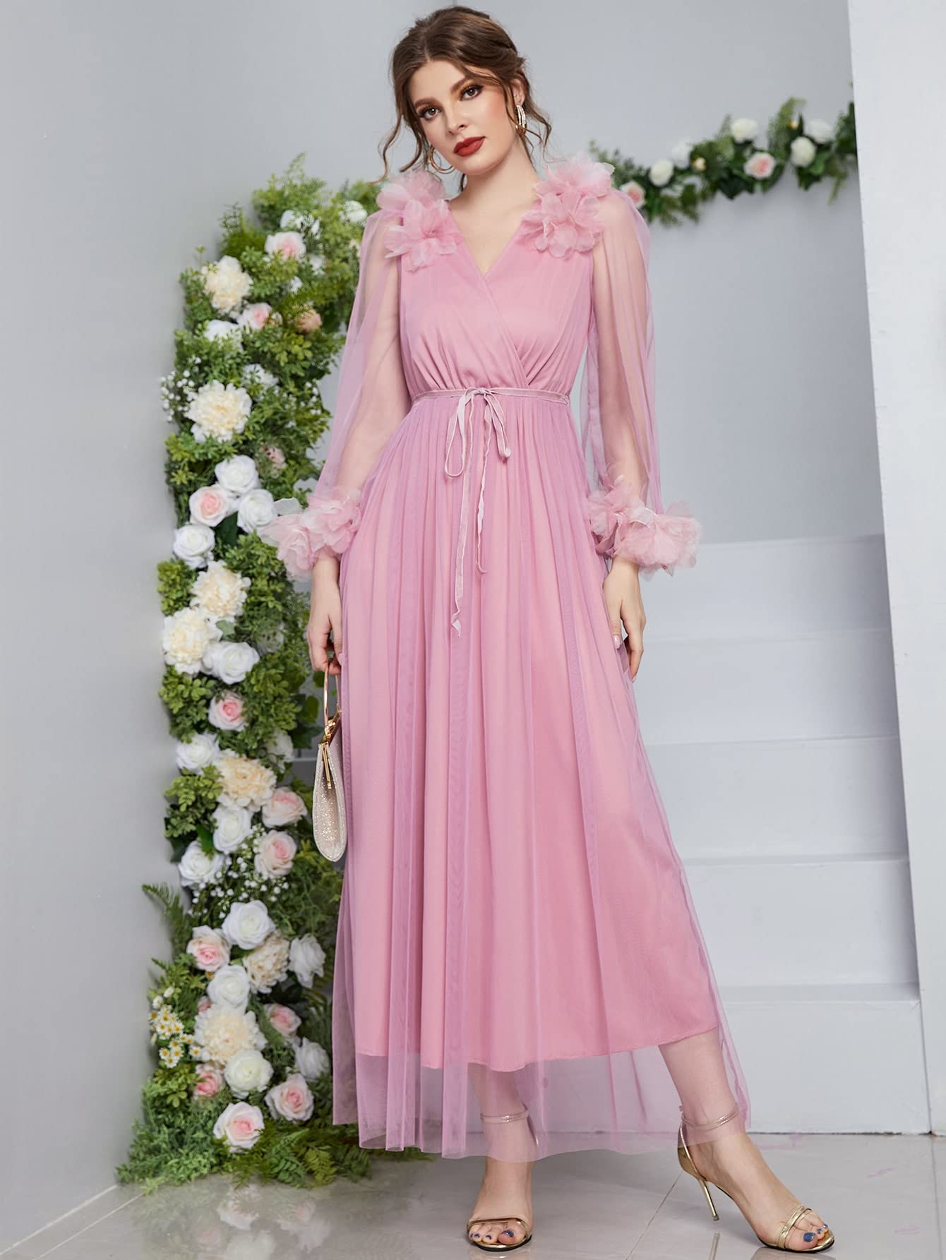 Pink Surplice Neck Stereo Flower Belted Mesh Prom Dress