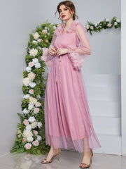 Pink Surplice Neck Stereo Flower Belted Mesh Prom Dress