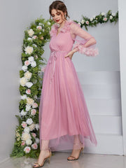 Pink Surplice Neck Stereo Flower Belted Mesh Prom Dress