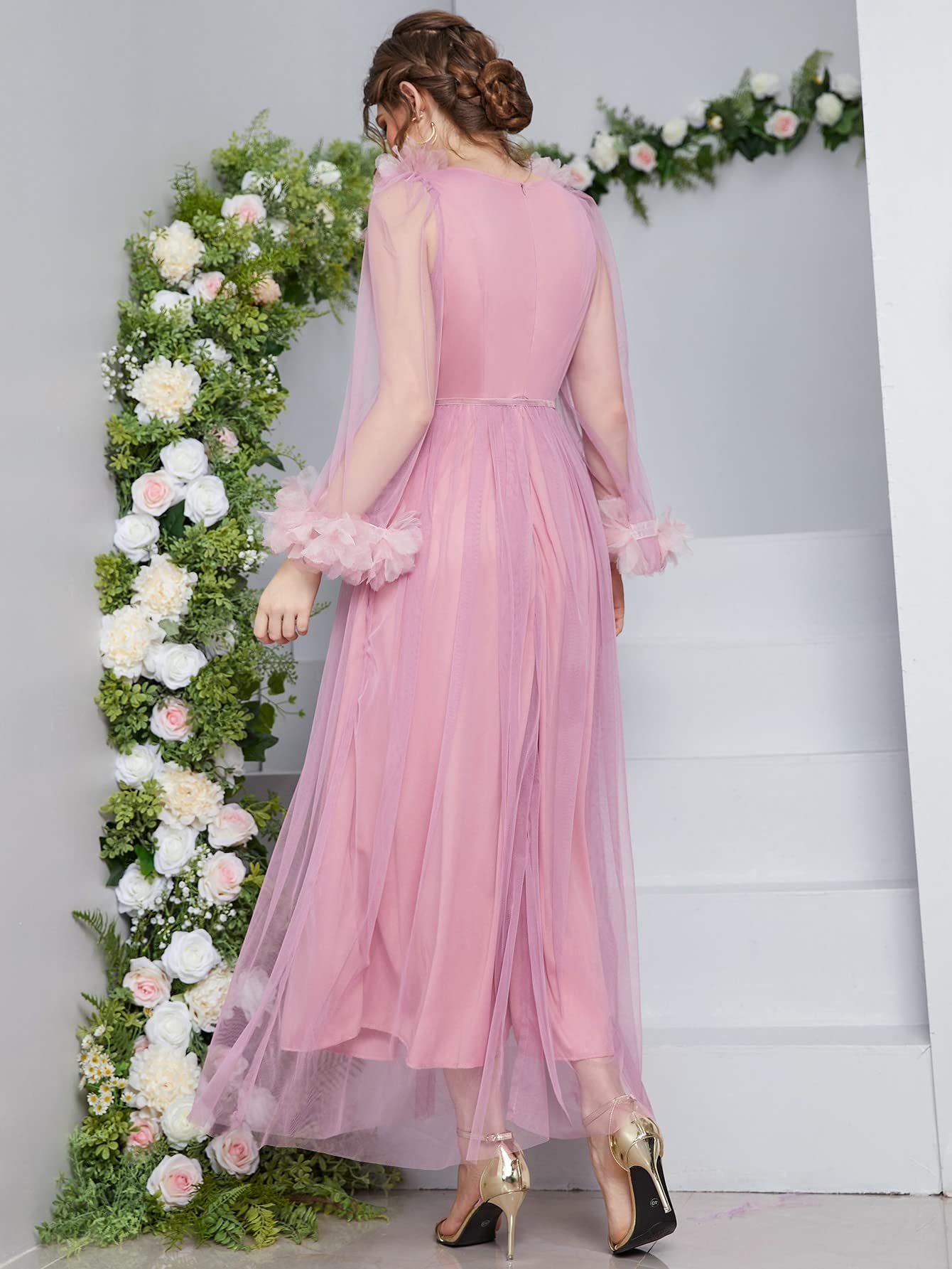 Pink Surplice Neck Stereo Flower Belted Mesh Prom Dress