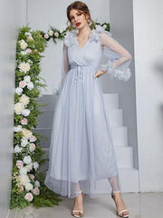 Grey Surplice Neck Stereo Flower Belted Mesh Prom Dress