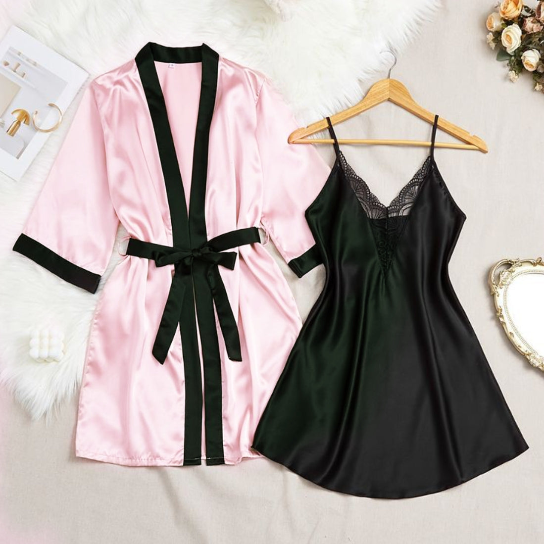 Blush Pink Belted Silk Robe & Black Cami Dress