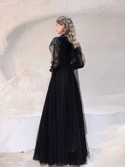 LUXURY BLACK FLUFFY SLEEVES PEARL DRESS