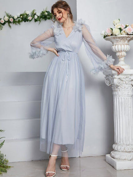 Grey Surplice Neck Stereo Flower Belted Mesh Prom Dress