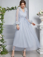 Grey Surplice Neck Stereo Flower Belted Mesh Prom Dress