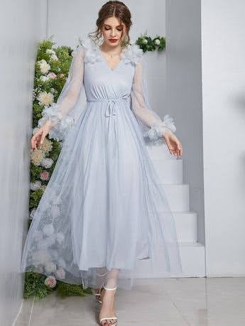 Grey Surplice Neck Stereo Flower Belted Mesh Prom Dress