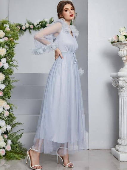 Grey Surplice Neck Stereo Flower Belted Mesh Prom Dress