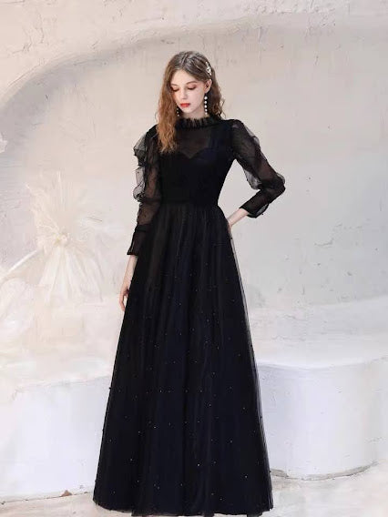 LUXURY BLACK FLUFFY SLEEVES PEARL DRESS