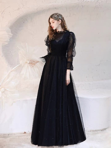 LUXURY BLACK FLUFFY SLEEVES PEARL DRESS