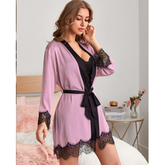 Pink Laced Robe With Short Sets