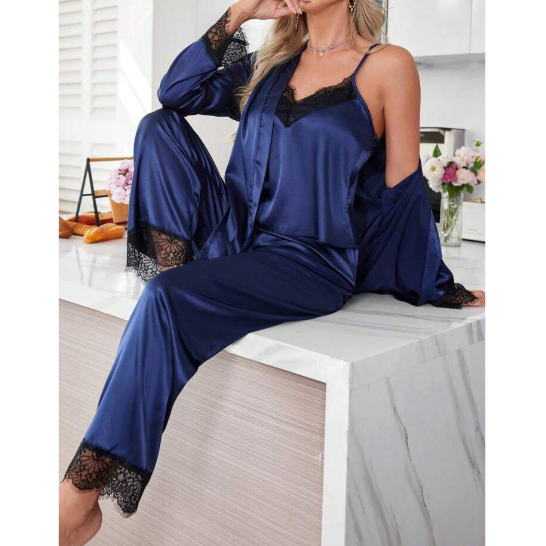 Navy Blue Lace Camisole Pajama's Set