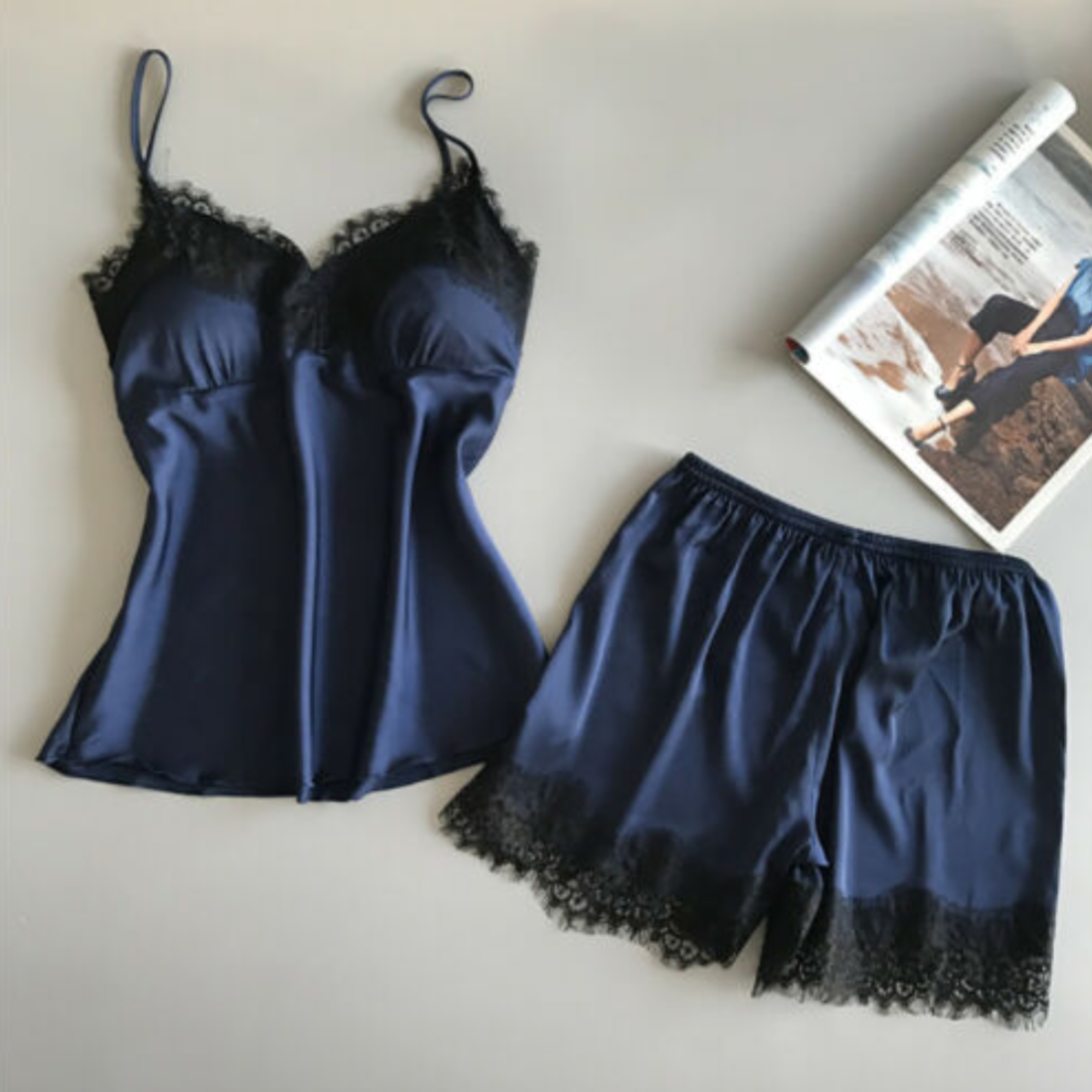 Navy Blue Lace Camisole & Short Set For Women