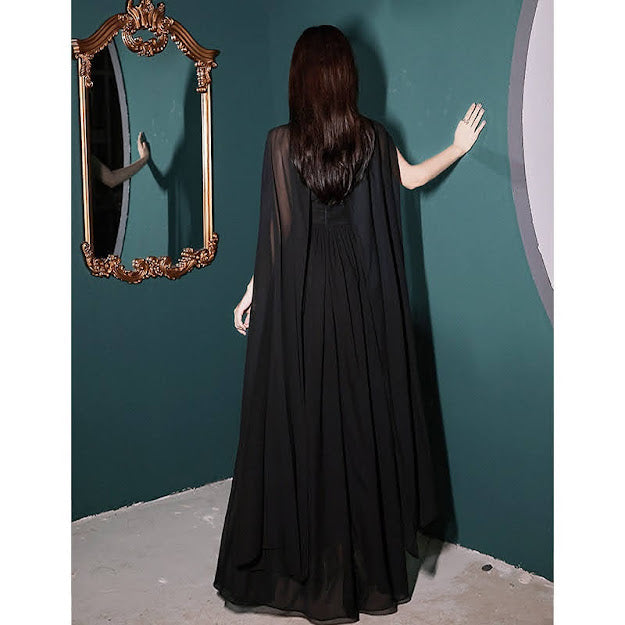 BLACK LONG CAP SLEEVES O-NECK DRESS